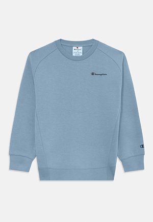 Felpa azzurra chiaro realizzata in tessuto morbido, con colletto a girocollo, maniche raglan e un logo nero "Champion" sul petto e sulla manica.