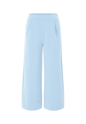 Pantalons larges bleu clair en tissu lisse, avec une taille élastique et des ourlets retroussés. Présente deux plis avant pour un détail supplémentaire.