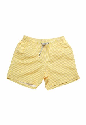 Costume da bagno giallo con strisce bianche verticali, dotato di vita elastica, chiusura con cordino e due tasche laterali.