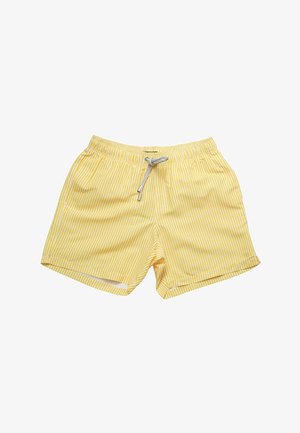 Costume da bagno giallo con strisce bianche verticali, dotato di vita elastica, chiusura con cordino e due tasche laterali.
