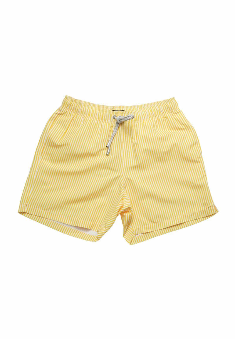 Costume da bagno giallo con strisce bianche verticali, dotato di vita elastica, chiusura con cordino e due tasche laterali.