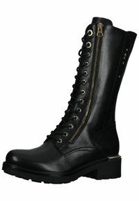 Black leather knee-high boot with front lacing, side zipper, and gold hardware accents. Chunky heel and textured sole for stability.