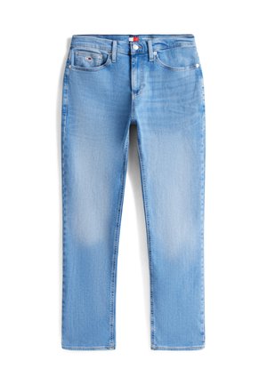 Light blue slim fit jeans with front pockets, belt loops, button closure, and subtle fading on thighs and knees.