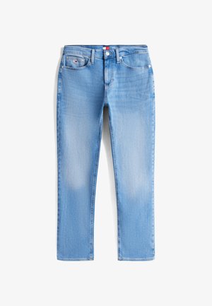 Light blue slim fit jeans with front pockets, belt loops, button closure, and subtle fading on thighs and knees.