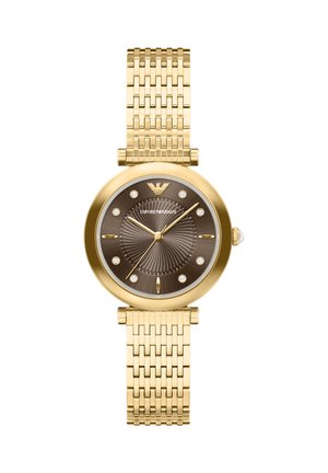 Goldfarbene Metallarmbanduhr mit braunem Zifferblatt, Kristall-Stundenmarkierungen, goldenen Zeigern und Gliederarmband, zeigt die Uhrzeit 1:52:42 an.