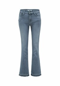 Jeans acampanados de mezclilla azul claro con cintura alta, dos bolsillos frontales y un detalle de dobladillo cosido. Textura suave con un leve desvanecimiento.