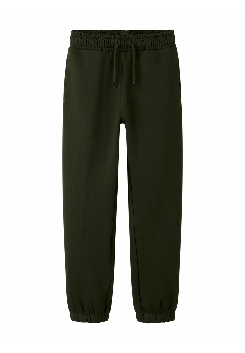 Dunkelgrüne Jogginghose aus weichem Stoff, mit einem elastischen Bund und Kordelzug, Seitentaschen und elastischen Bündchen an den Knöcheln.