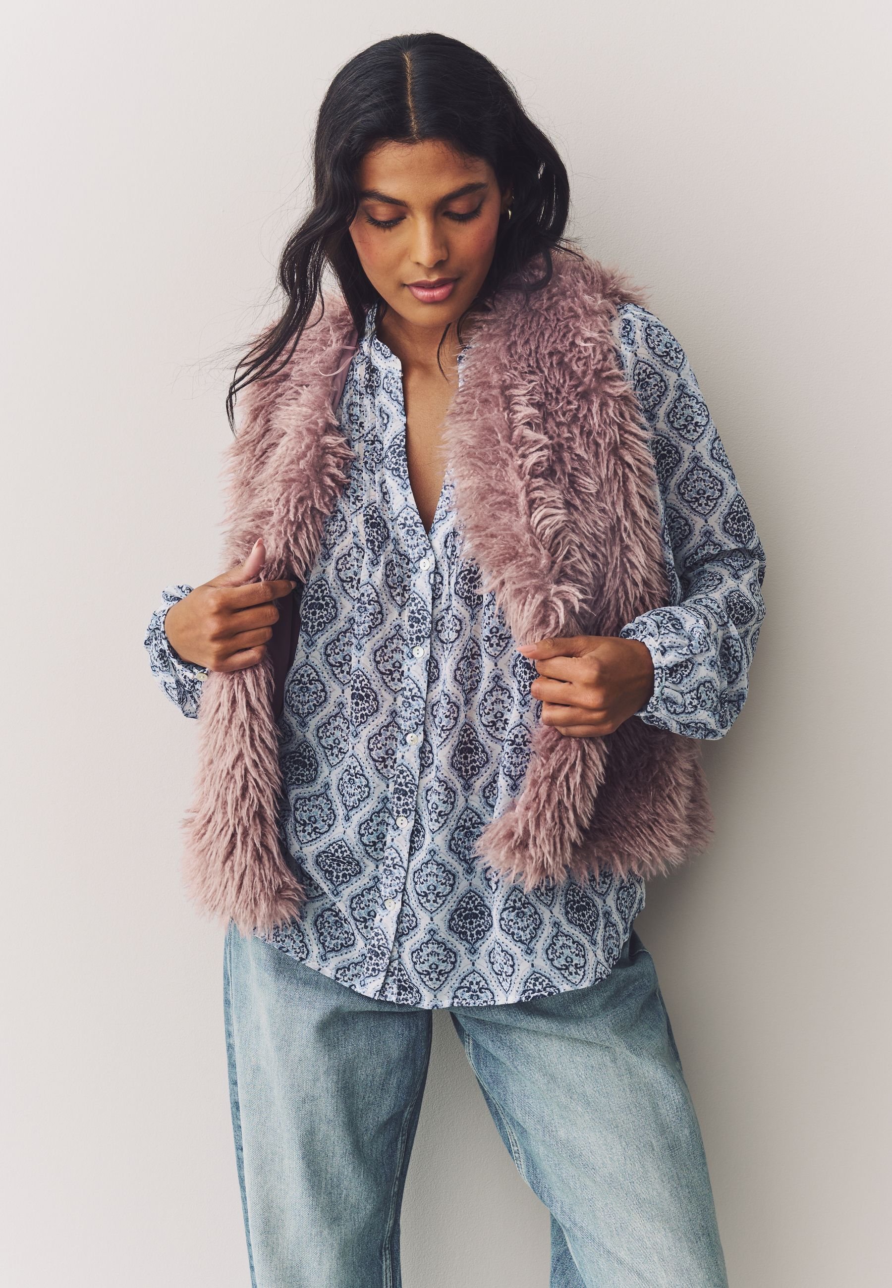 VESTE LONGUE SANS manches rose taille unique fausse fourrure