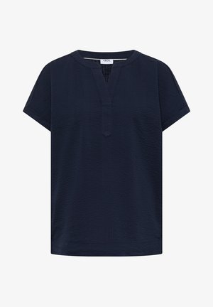 Blouse bleu marine à manches courtes avec fente en V au col et tissu texturé, ourlet droit et col sans col.