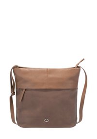 Borsa a spalla in pelle marrone con una parte superiore testurizzata e una sezione inferiore liscia. Presenta una lunga tracolla regolabile e una tasca frontale.