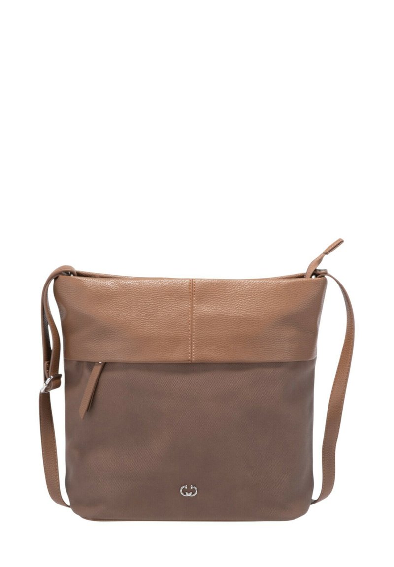 Borsa a spalla in pelle marrone con una parte superiore testurizzata e una sezione inferiore liscia. Presenta una lunga tracolla regolabile e una tasca frontale.