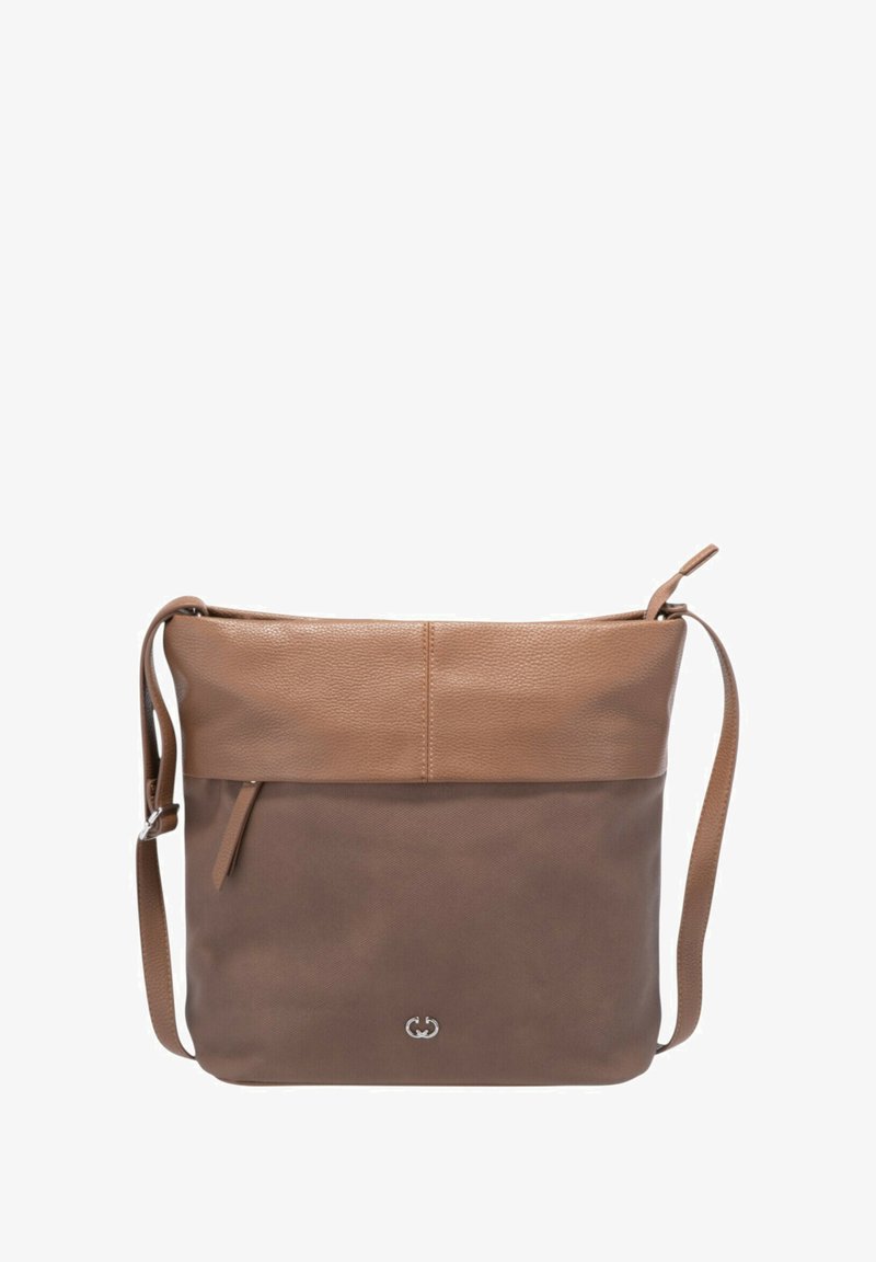 Borsa a spalla in pelle marrone con una parte superiore testurizzata e una sezione inferiore liscia. Presenta una lunga tracolla regolabile e una tasca frontale.