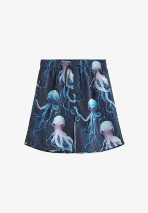 Uimashortsit, joissa on tumma tausta ja kuvio sinisistä ja violeteista mustekaloista, joiden lonkerot levittäytyvät kangasta pitkin.