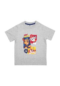 T-shirt grigio in cotone con una grafica colorata di Paw Patrol che presenta tre personaggi canini dei cartoni animati incorniciati in riquadri. Maniche corte, collo rotondo.