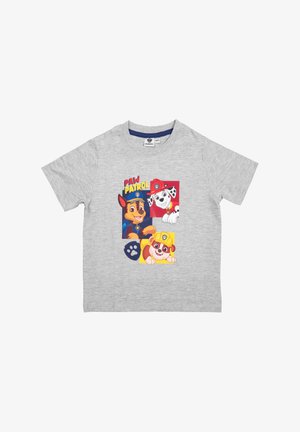 T-shirt grigio in cotone con una grafica colorata di Paw Patrol che presenta tre personaggi canini dei cartoni animati incorniciati in riquadri. Maniche corte, collo rotondo.