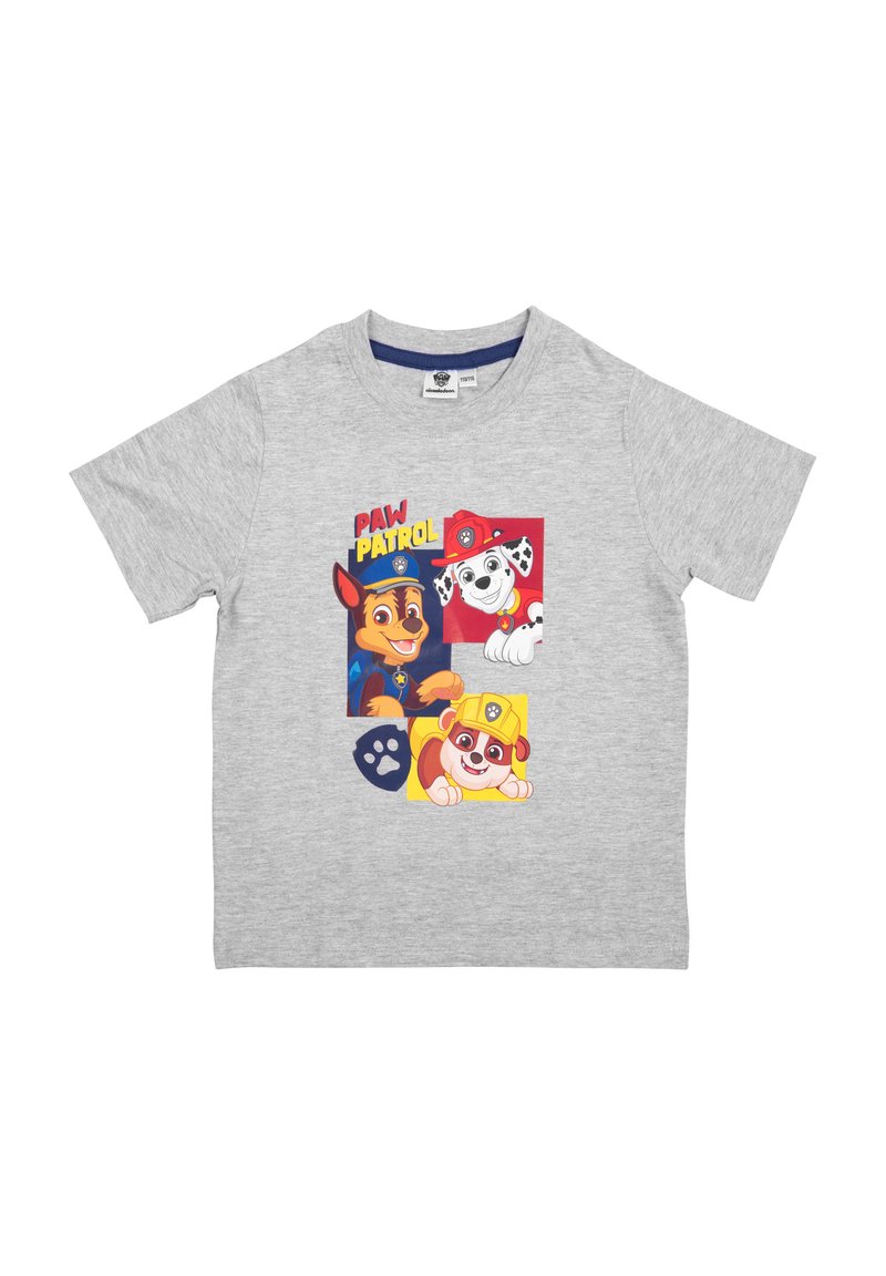 T-shirt grigio in cotone con una grafica colorata di Paw Patrol che presenta tre personaggi canini dei cartoni animati incorniciati in riquadri. Maniche corte, collo rotondo.