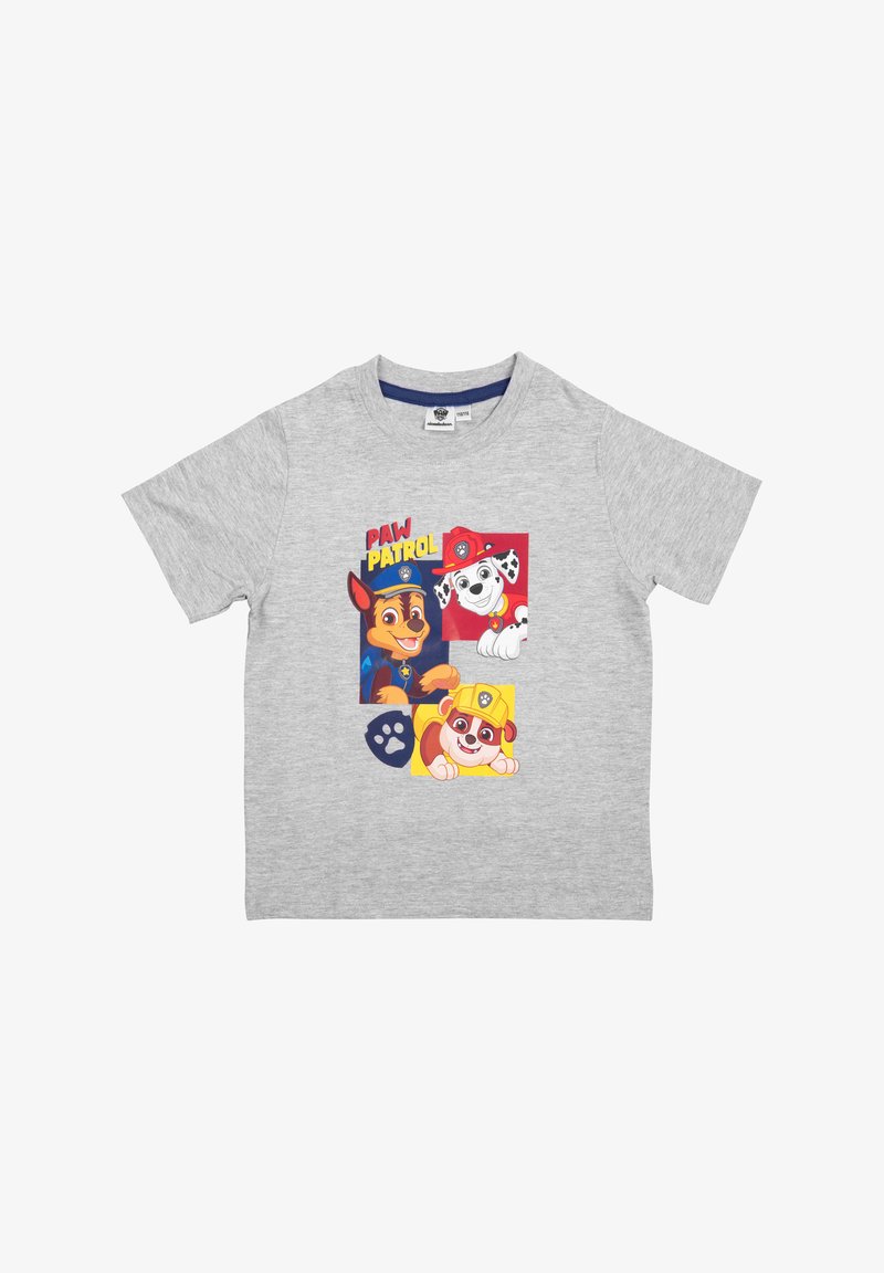 T-shirt grigio in cotone con una grafica colorata di Paw Patrol che presenta tre personaggi canini dei cartoni animati incorniciati in riquadri. Maniche corte, collo rotondo.