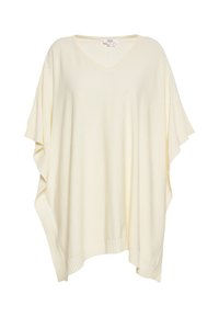 Pulover poncho de culoare crem, cu decolteu în V, croială lejeră, margini ribbate și motive delicate în formă de stea. Textură tricotată moale.