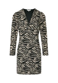 Lang�ärmliges Kleid mit einem Zebra-Print in Schwarz und Beige. Der Stoff hat eine glatte Textur mit einem V-Ausschnitt und einer taillierten Silhouette.