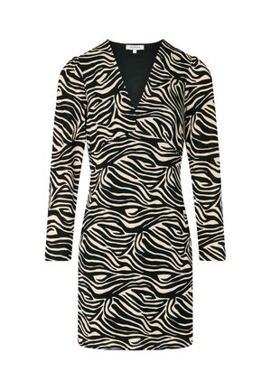 Langærmet kjole med zebra-print i sort og beige. Stofret er glat med V-udskæring og tætsiddende silhuet.