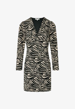 Langærmet kjole med zebra-print i sort og beige. Stofret er glat med V-udskæring og tætsiddende silhuet.