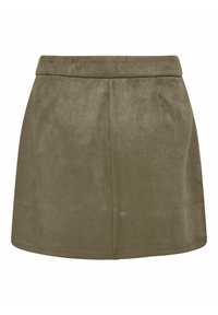 Falda de ante verde oliva con textura suave, cintura ajustada y corte recto. Cuenta con costuras mínimas y sin herrajes visibles.