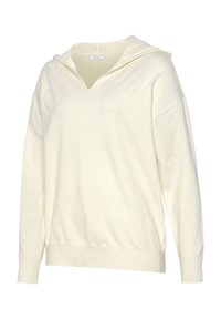 Sweater con cappuccio color crema chiaro, con scollo a V, maniche lunghe e polsini a coste. Realizzato in un morbido tessuto testurizzato, presenta una vestibilità comoda.