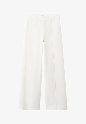 Pantalon blanc à jambes larges avec pli avant, passants de ceinture et poches latérales, présenté sur un fond blanc.