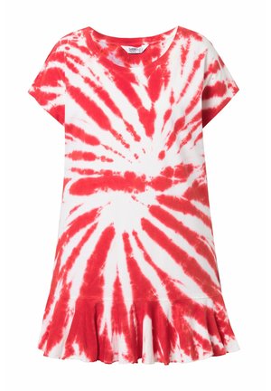 Kurzärmeliges Kleid mit rot-weißem Spiral-Tie-Dye-Muster und gerafftem Saum am unteren Rand.