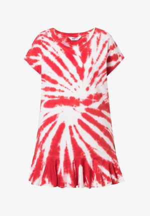 Šaty s krátkým rukávem se spirálovým vzorem v červené a bílé barvě a volánkovým lemem na spodní části.