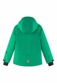 Grüne wasserdichte Jacke mit Kapuze, elastischen Bündchen und einem reflektierenden Streifen auf dem Rücken. Logopatch im unteren Rückenbereich.