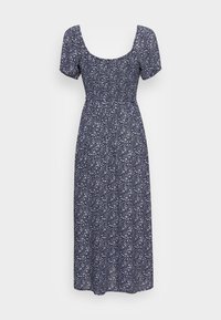 Navy blue floral dress with short puff sleeves, square neckline, and smocked waist. Features a long, flowing skirt with a light texture.