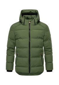 Giacca a vento verde con zip frontale, cappuccio regolabile e polsini elasticizzati. Presenta tasche laterali e un motivo a coste orizzontali.