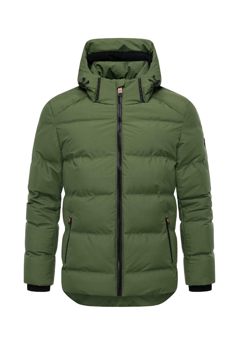 Giacca a vento verde con zip frontale, cappuccio regolabile e polsini elasticizzati. Presenta tasche laterali e un motivo a coste orizzontali.