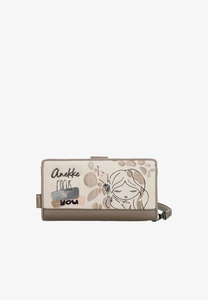 Cartera beige y topo con un dibujo de una niña sosteniendo una bengala y el texto "Anekke Focus on you" en el panel frontal.