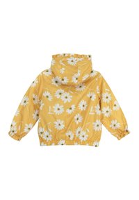 Giacca leggera gialla con un motivo floreale di margherite bianche. Caratterizzata da cappuccio, polsini elasticizzati e orlo arricciato.