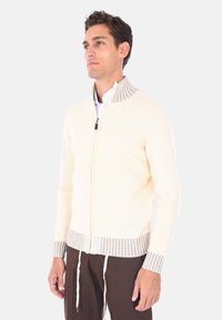 Maglione cream con zip, colletto e orlo inferiore in grigio a costine. Texture lavorata a maglia. Il modello lo indossa sopra una camicia bianca e pantaloni marroni.