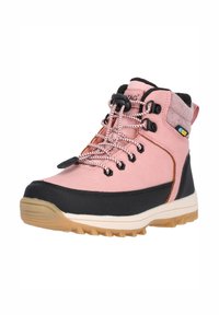 Scarponcino da trekking rosa con accenti neri, superiore in tessuto testurizzato, suola in gomma e lacci a motivo. Presenta un colletto imbottito e un’etichetta impermeabile.