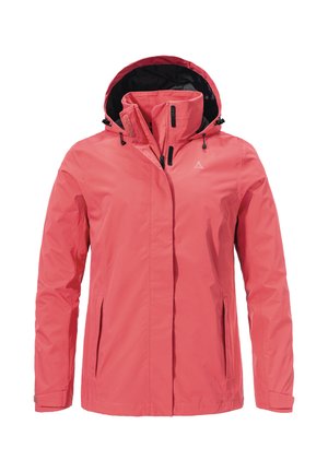 Wasserabweisende pinke Jacke mit abnehmbarem Kapuzen, Frontreißverschluss, zwei Seitentaschen und verstellbarem Kordelzug. Glatte Textur, leichtes Design.