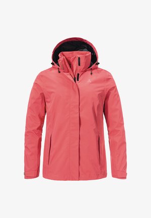 Wasserabweisende pinke Jacke mit abnehmbarem Kapuzen, Frontreißverschluss, zwei Seitentaschen und verstellbarem Kordelzug. Glatte Textur, leichtes Design.