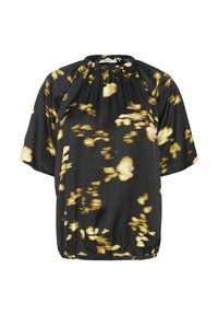 Blouse noire avec motif floral jaune, coupe ample, encolure froncée, manches courtes et ourlet élastique. Fabriquée en tissu léger.