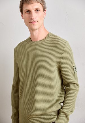 Young man with light hair wearing a ribbed, light olive-green sweater with a patch on the upper left sleeve, standing against a plain wall.