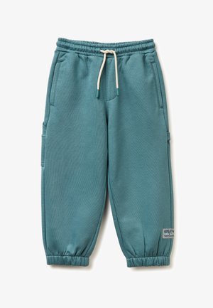 Teal joggingbroek met een elastische tailleband en verstelbare trekkoord, voorzien van zijzakken en geribde boorden. Zachte, gestructureerde stof.