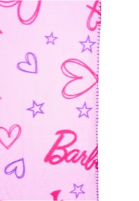 Pink fleece blanket with purple and red hearts, stars, and the word "Barbie" in a bold font. It features a stitched edge detail.