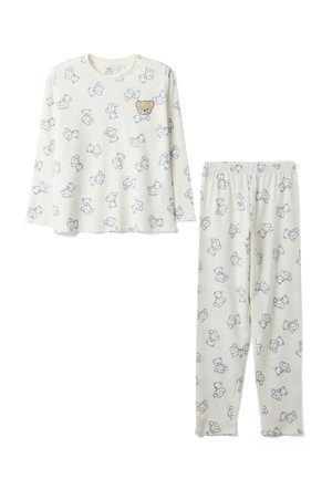 Set di pigiama per bambini a maniche lunghe color crema con contorni di orsetti blu e un orsetto marrone solido sul petto della maglietta.