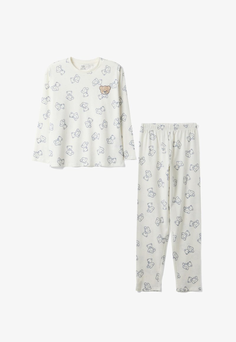 Set di pigiama per bambini a maniche lunghe color crema con contorni di orsetti blu e un orsetto marrone solido sul petto della maglietta.