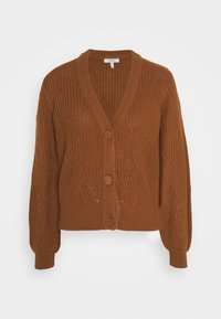 Brun stickad kofta med V-ringning, långa ärmar, texturmönster och knäppning framtill. Mjuk, tjock garnmaterial.