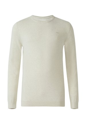 Pull long à manches longues beige clair en maille douce, avec un col rond et des poignets et un ourlet côtelés. Détail logo subtil sur la poitrine.