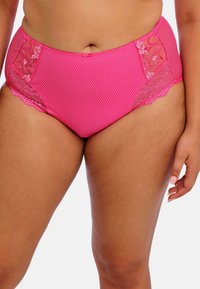 High-waisted pink panties featuring mesh fabric and lace panels with floral embroidery, showcasing a textured pattern and scalloped edges.
