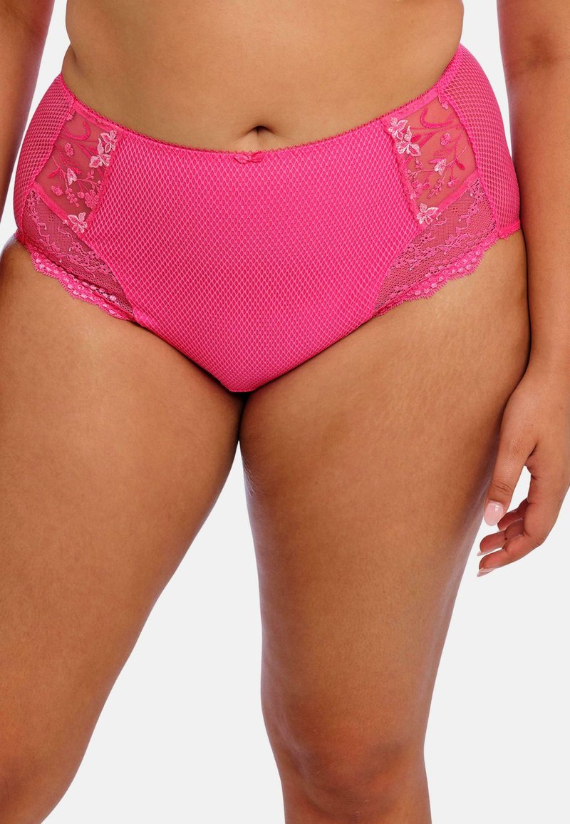 High-waisted pink panties featuring mesh fabric and lace panels with floral embroidery, showcasing a textured pattern and scalloped edges.